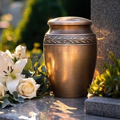 Autocollant QR code apposé sur le ventre d'une urne funéraire en bronze, posée sur une sépulture